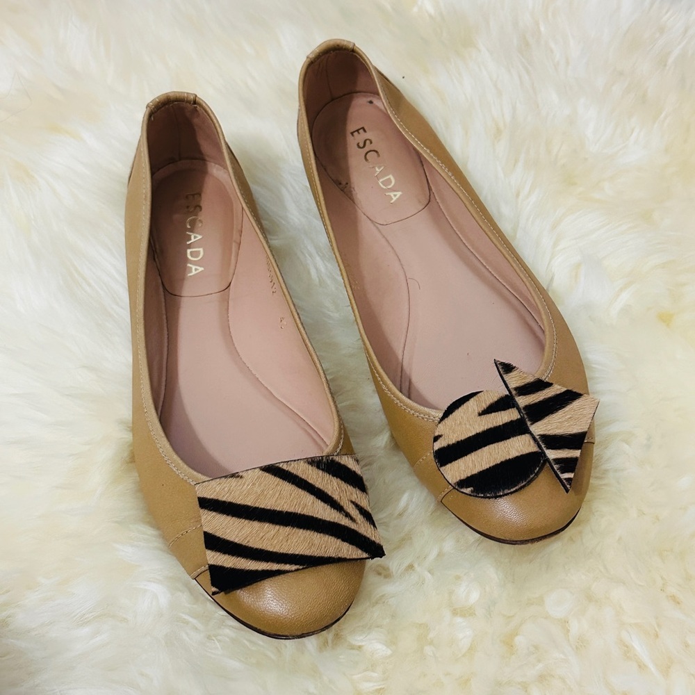Refashioned Escada Tan Genuine Leather Flat Ballerina Shoes Size 40 - Picture 2 of 10